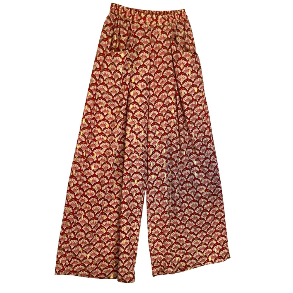 Care Of You Paris sz S/M Metallic Gold Print Wide Leg Dress Pants Red